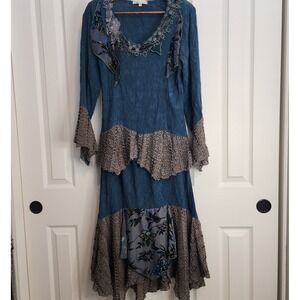 Blue Floral‎ Bohemian Long Sleeve Lace Trim Top and Skirt Unique Design